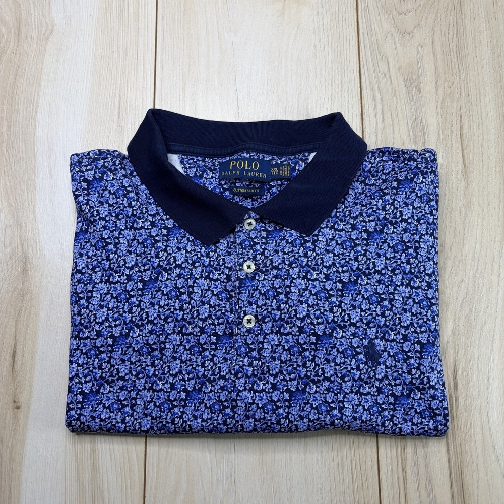 Polo Ralph Lauren Mens Floral Polo Shirt Blue Size XXL Custom Slim Fit Pony Logo